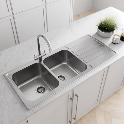 Sinkoro Inset Kitchen Sink 2 Double Square Bowl Stainless Steel Reversible Waste