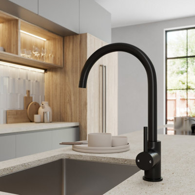 Sinkoro Kitchen Mixer Tap Single Lever Modern Mono Curved Swivel Swan Spout Matt Black
