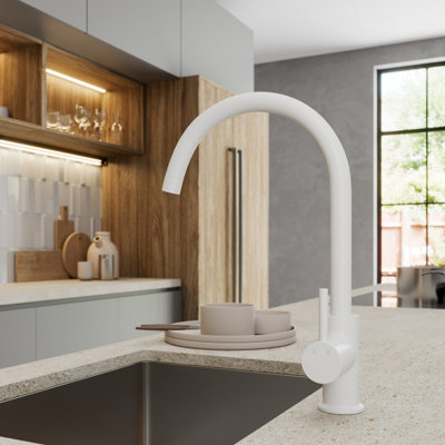 Sinkoro Kitchen Mixer Tap Single Lever Modern Mono Curved Swivel Swan Spout Matt White