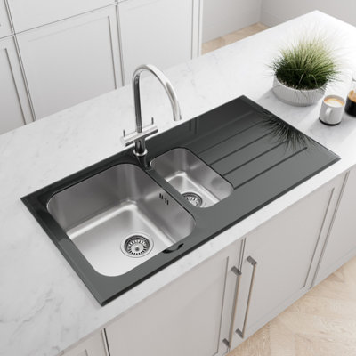 Sinkoro Kitchen Sink 1.5 Bowl RH Drainer Black Glass Stainless Steel Inset Waste