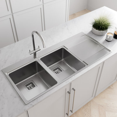 Sinkoro Kitchen Sink 2.0 Double Bowl RH Drainer Stainless Steel Modern Inset Waste Kit