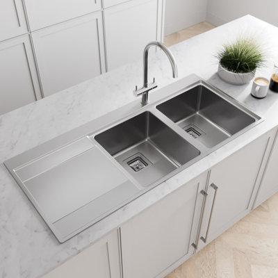 Sinkoro Kitchen Sink 2 Bowl Square Inset Stainless Steel Left Hand LH Drainer Overflow