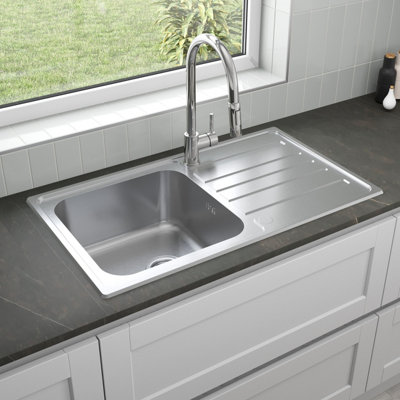 Sinkoro Kitchen Sink Single Bowl Reversible Drainer Stainless Steel Inset Waste