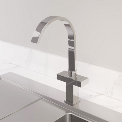 Sinkoro Modern Mono Kitchen Mixer Tap Square Swivel Spout Twin Controls Chrome Faucet