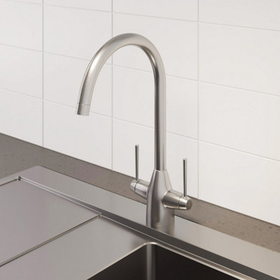 Sinkoro Modern Mono Kitchen Sink Mixer Tap Brushed Nickel Twin Lever Swivel Spout Faucet