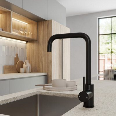 Sinkoro Modern Mono Kitchen Sink Mixer Tap Single Lever Handle Swivel Angular Black