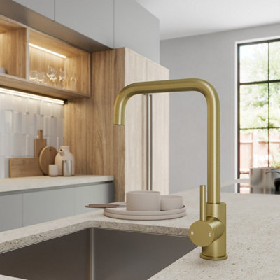 Sinkoro Modern Mono Kitchen Sink Mixer Tap Single Lever Handle Swivel Angular Brass
