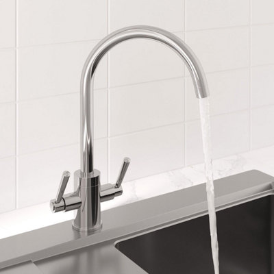 Sinkoro Modern Mono Kitchen Sink Mixer Tap Twin Lever Chrome Curved Swivel Spout Faucet