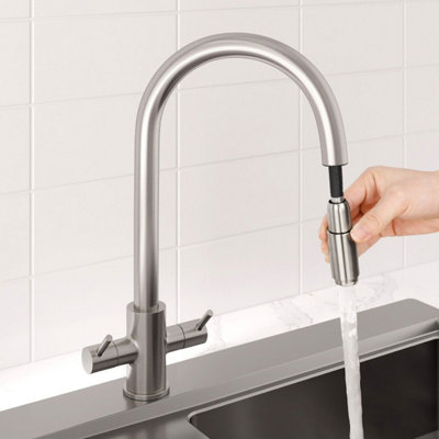 Sinkoro Pull Out Kitchen Mixer Tap Brass Double Lever Spout Brushed Nickel Finish Modern