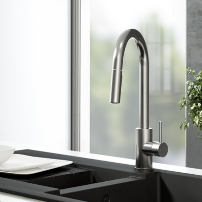 Sinkoro Pull Out Kitchen Mixer Tap Dual Spray Swivel Spout Single Lever Brushed Steel