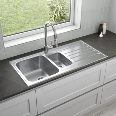 Sinkoro Stainless Steel 1.5 Bowl Kitchen Sink Inset Reversible Drainer Waste 1000mm