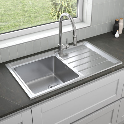Sinkoro Stainless Steel 1 Bowl Kitchen Sink Square Inset Reversible Drainer Basket Waste