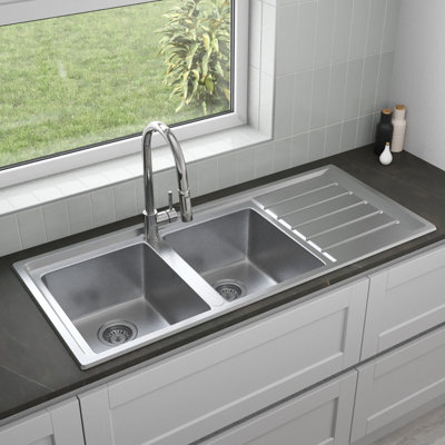 Sinkoro Stainless Steel 2 Double Bowl Kitchen Sink Square Inset Reversible Drainer Waste