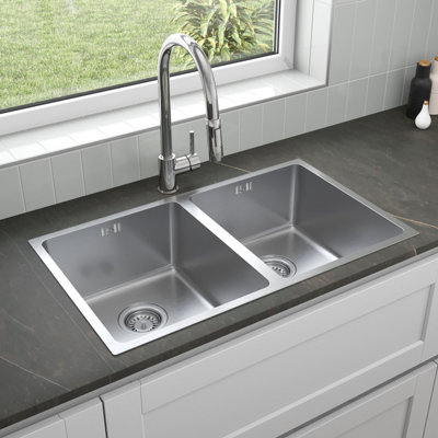 Sinkoro Stainless Steel Inset Kitchen Sink 2 Double Bowl Strainer Waste 750mm