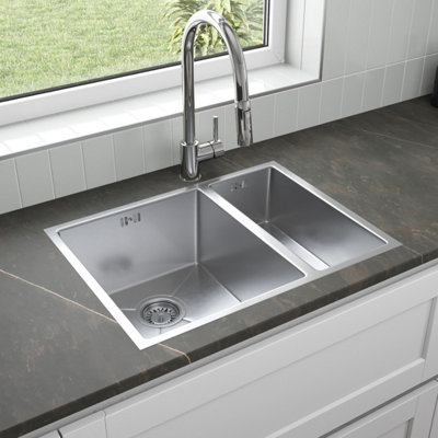 Sinkoro Stainless Steel Inset Kitchen Sink Deep 1.5 Bowl Strainer Waste 590x440mm