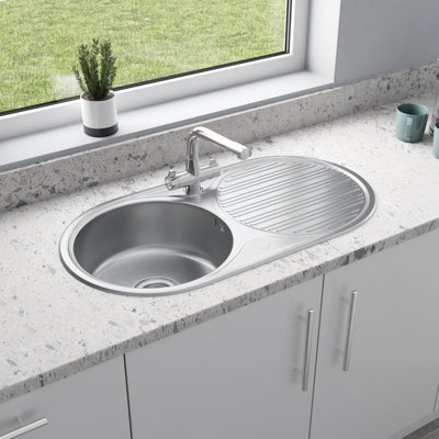Sinkoro Stainless Steel Inset Round Kitchen Sink Single Bowl Reversible Drainer Waste
