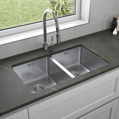 Sinkoro Stainless Steel Kitchen Sink 2 Double Bowl Inset Undermount Strainer Waste 750mm