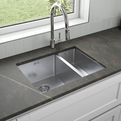 Sinkoro Stainless Steel Kitchen Sink Deep Undermount 1.5 Bowl Strainer Waste 590x440mm