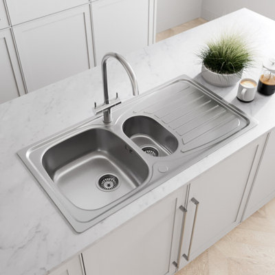 Sinkoro Stainless Steel Kitchen Sink Inset 1.5 Bowl Reversible Drainer + FREE Wastes