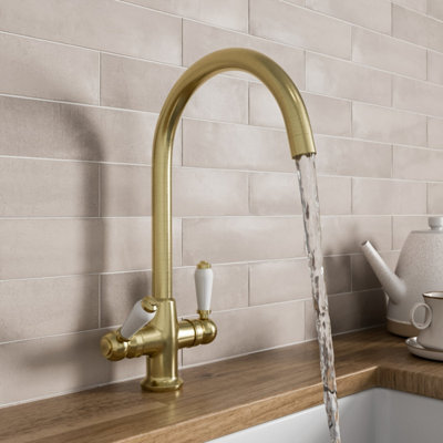 Sinkoro Traditional Kitchen Mixer Tap Twin Lever Swan Neck Curved ...