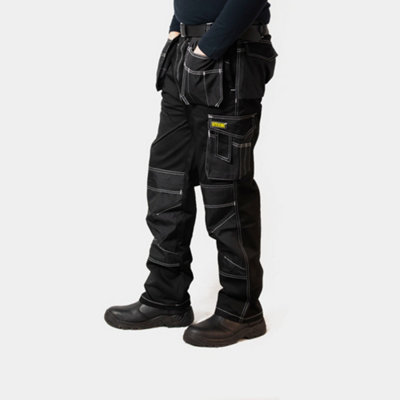 Site King Black Heavy Duty Cargo Holster Pocket Work Trousers Contrast Stitching with Knee Pad Pockets (W42, L31)