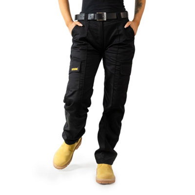 Site King Womens Black Cargo Combat Work Trousers with Elasticated Waist (10, Long)