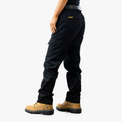 Site King Womens Black Cargo Combat Work Trousers with Elasticated Waist (10, Long)