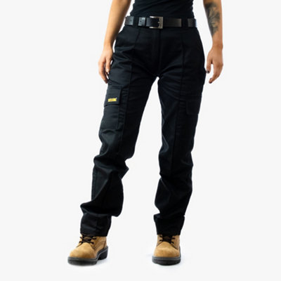Site King Womens Black Cargo Combat Work Trousers with Elasticated Waist (10, Long)