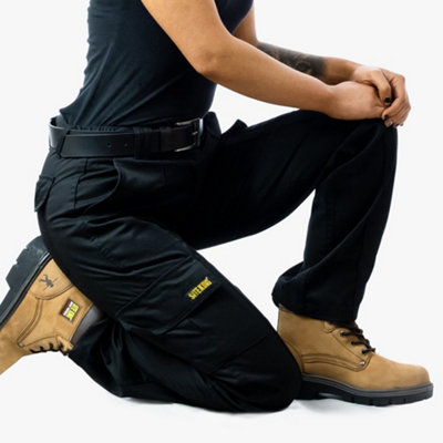 Site King Womens Black Cargo Combat Work Trousers with Elasticated Waist (10, Long)