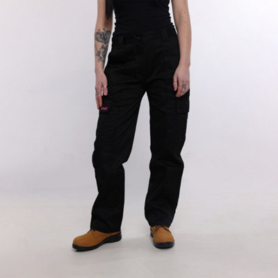 Site King Womens Black Cargo Combat Work Trousers with Elasticated Waist (26, Regular)