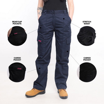 Site King Womens Black Cargo Combat Work Trousers with Elasticated Waist (6, Regular)