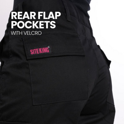 Site King Womens Black Cargo Combat Work Trousers with Elasticated Waist (6, Regular)