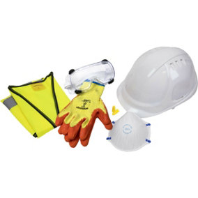 SITE PPE PACK - LARGE Hi-Vis Waistcoat - Hard Hat - Grip Gloves - Goggles & Mask