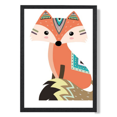 Sitting Orange Fox Tribal Animal Framed Print SIZE: A3 with Black Frame