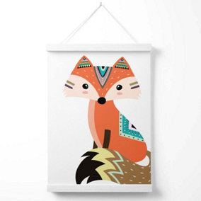 Sitting Orange Fox Tribal Animal Poster with Hanger / 33cm / White