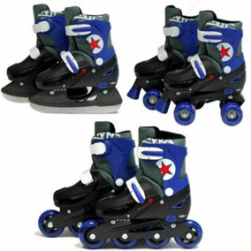 SK8 Zone Boys Blue 3in1 Adjustable Roller Blades Inline Quad Skates Ice Skating Large 3-6 (35-38 EU)