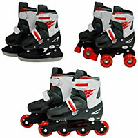 Sk8 Zone Boys Red 3in1 Adjustable Roller Blades Inline Quad Skates Ice Skating Small 9-12 (27-30 EU)