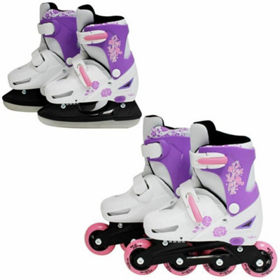 SK8 Zone Girls Pink 2in1 Adjustable Roller Blades Inline Skates Ice Skating Set Small 9-12 (27-30 EU)