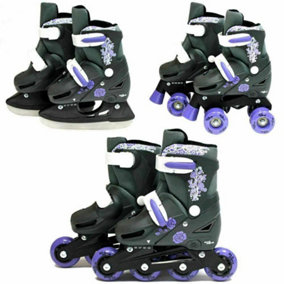 Sk8 Zone Girls Purple 3in1 Adjustable Roller Blades Inline Quad Ice Skates Small 9-12 (27-30 EU)