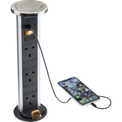 SK9909BC IP54 3G Pop Up Socket with Dual Fast Charge USB A+C in Brushed Chrome