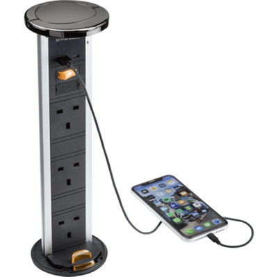 SK9909BN IP54 3G Pop Up Socket with Dual Fast Charge USB A+C in Black Nickel