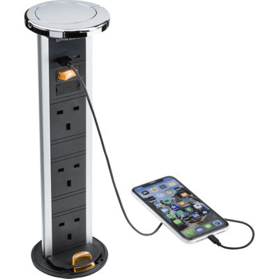 SK9909PC IP54 3G Pop Up Socket with Dual Fast Charge USB A+C in Polished Chrome