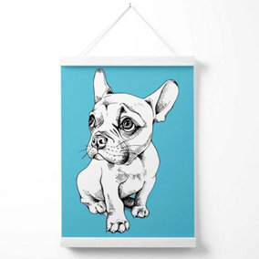 Sketch French Bulldog on Bright Blue Poster with Hanger / 33cm / White