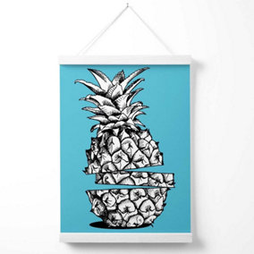Sketch Pineapple on Bright Blue Poster with Hanger / 33cm / White