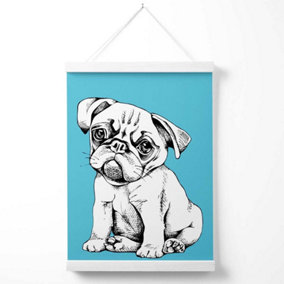 Sketch Pug Dog on Bright Blue Poster with Hanger / 33cm / White