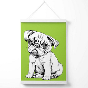 Sketch Pug Dog on Bright Green Poster with Hanger / 33cm / White