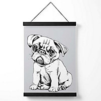 Sketch Pug Dog on Light Grey Medium Poster with Black Hanger