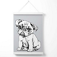 Sketch Pug Dog on Light Grey Poster with Hanger / 33cm / White