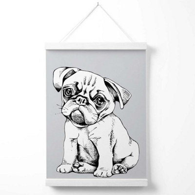 Sketch Pug Dog on Light Grey Poster with Hanger / 33cm / White