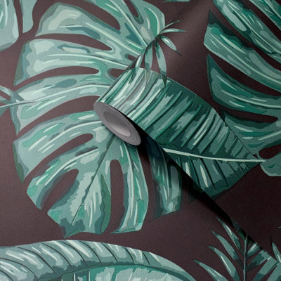 Skinny Dip Black & Green Floral Pearl effect Embossed Wallpaper